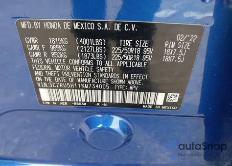 2022 Honda Hr-V 2Wd Sport z USA, uszkodzony, nr VIN 3CZRU5H11NM734005